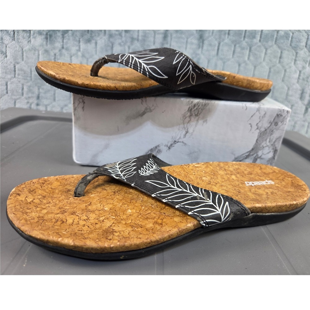 Speedo Womens Flip Flop Sandals Black Botanical Leaf Cork Footbed Size 8